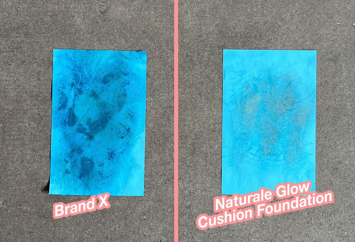 Left: The amount of oil I blotted away after wearing my current foundation for 3 hours. Right: The amount of oil I blotted away after wearing the Glow Cushion Foundation for 3 hours.