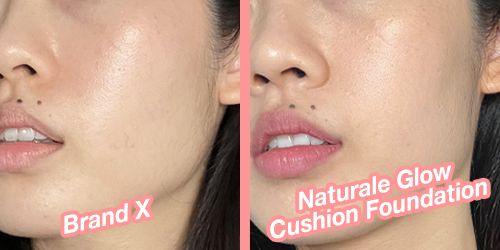 Left: My face after wearing my current foundation for a whole day. Right: My face after wearing Ange Gardien Paris’ Naturale Glow Cushion Foundation for a whole day, without using the HD pressed powder.