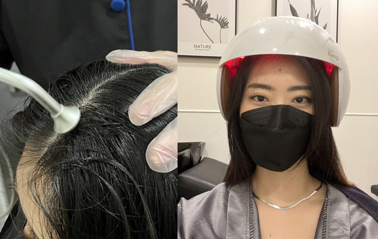 TK TrichoKare’s Advanced Scalp Detox & Care Treatment uses two machines: the OxyJet (left) and hair bang (right).