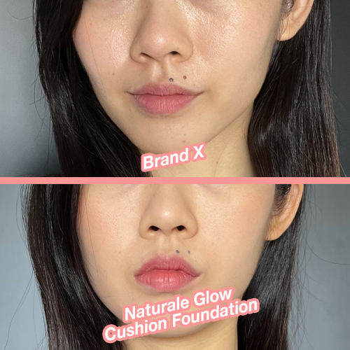 Top: My face after wearing my current foundation with loose powder for half a day. Bottom: My face after wearing Ange Gardien Paris’ Naturale Glow Cushion Foundation with the HD pressed powder for half a day.