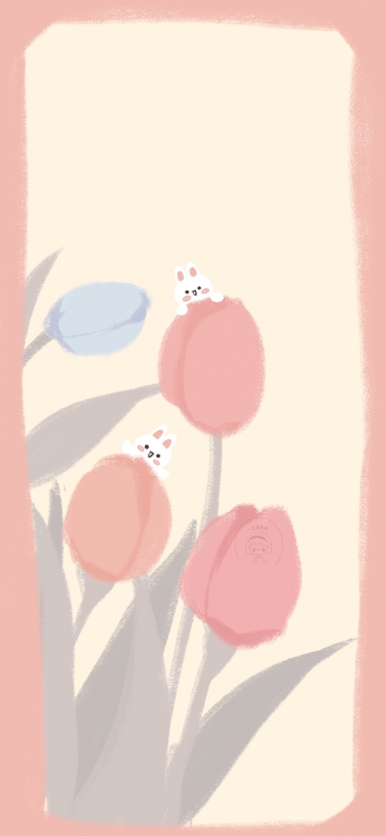 Pink floral and bunny illustration phone wallpaper