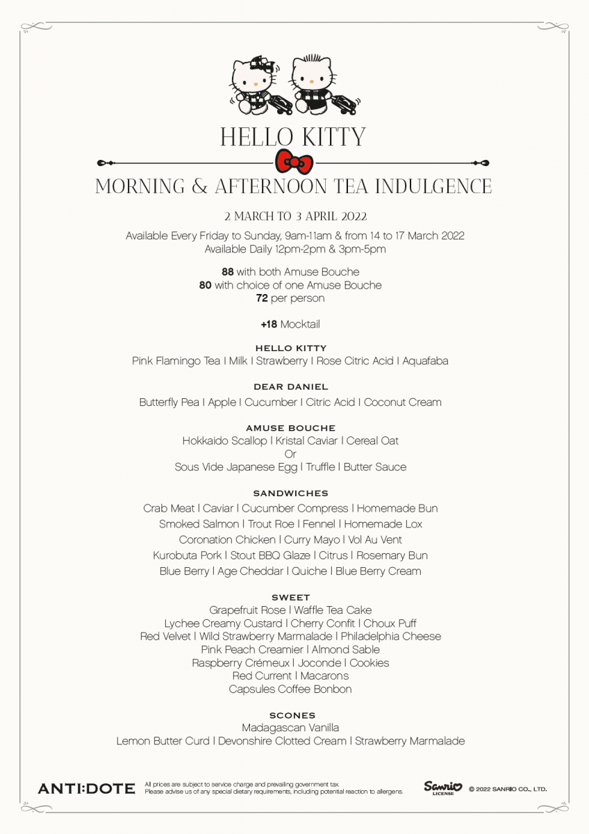 Hello Kitty Afternoon Tea Singapore menu