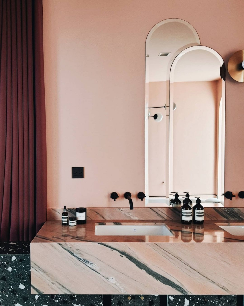 Bathroom double sinks at Insta-worthy cafe-themed home in Bangkok, Thailand