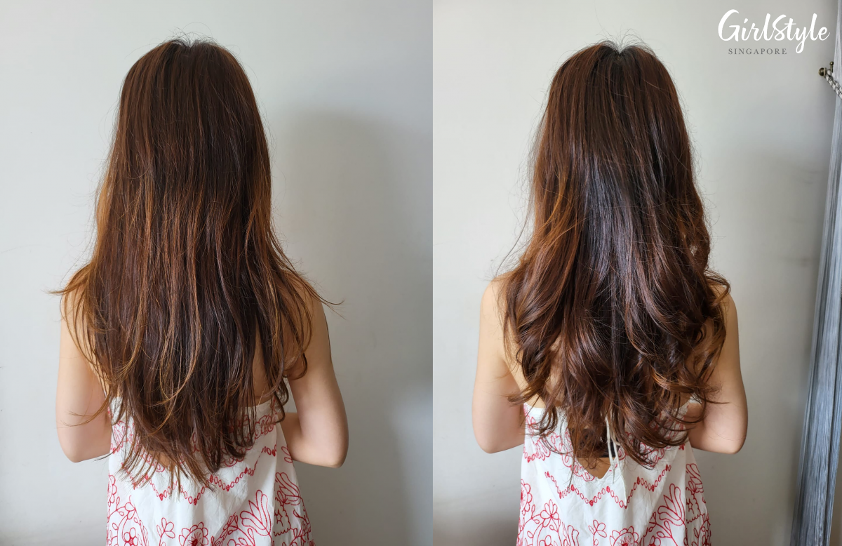 Before and after curling hair with the the Dyson Airwrap multi-styler