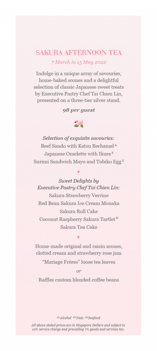 Sakura Afternoon Tea Raffles Hotel Singapore 2022 menu