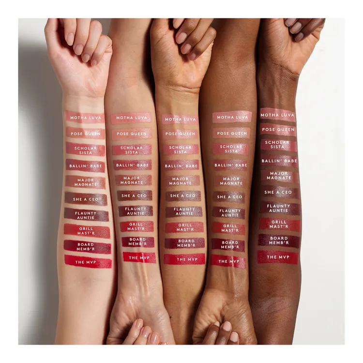 Arm swatches of Fenty Beauty Icon Refillable Semi-Matte Lipstick