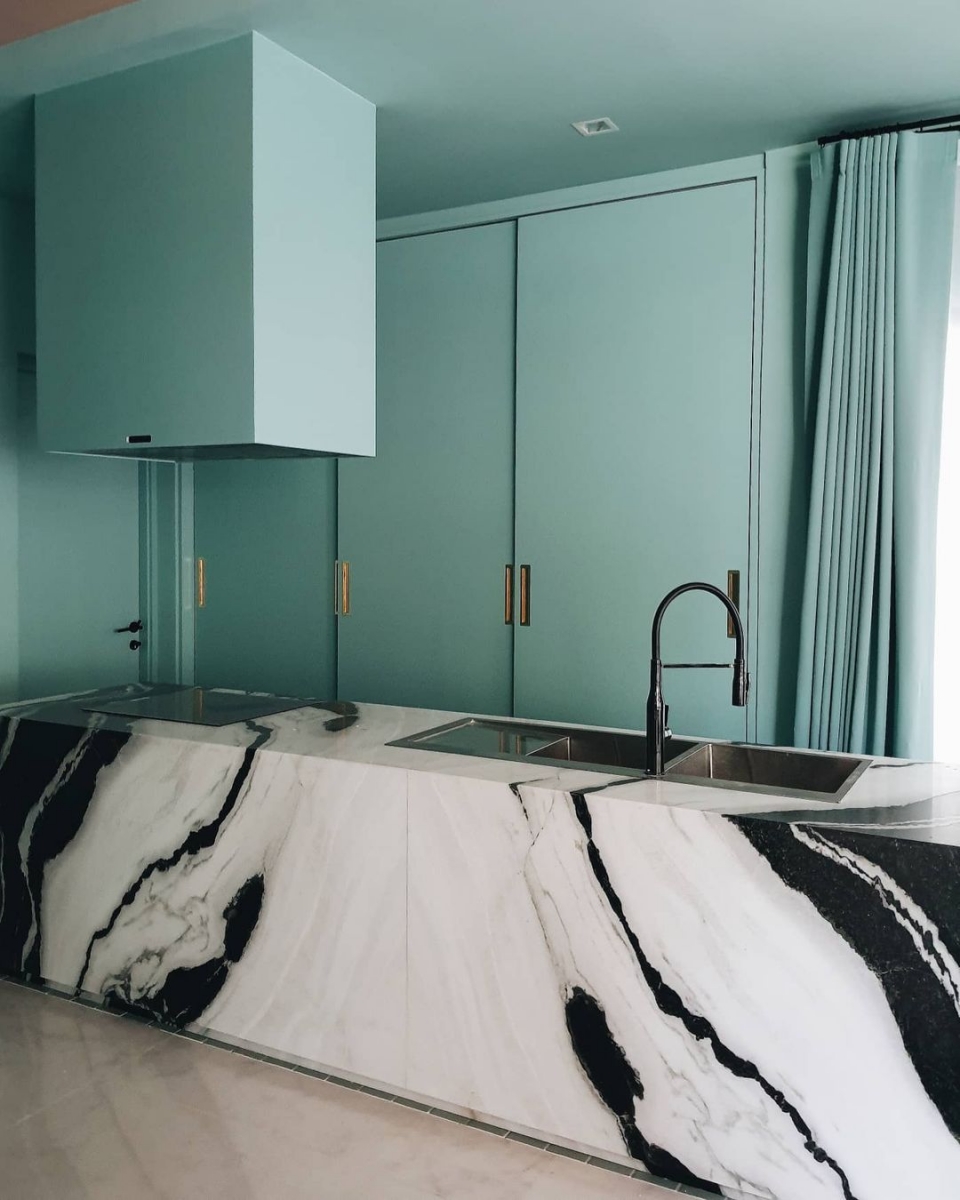 Mint green and marble kitchen in an Insta-worthy cafe-themed home in Bangkok, Thailand