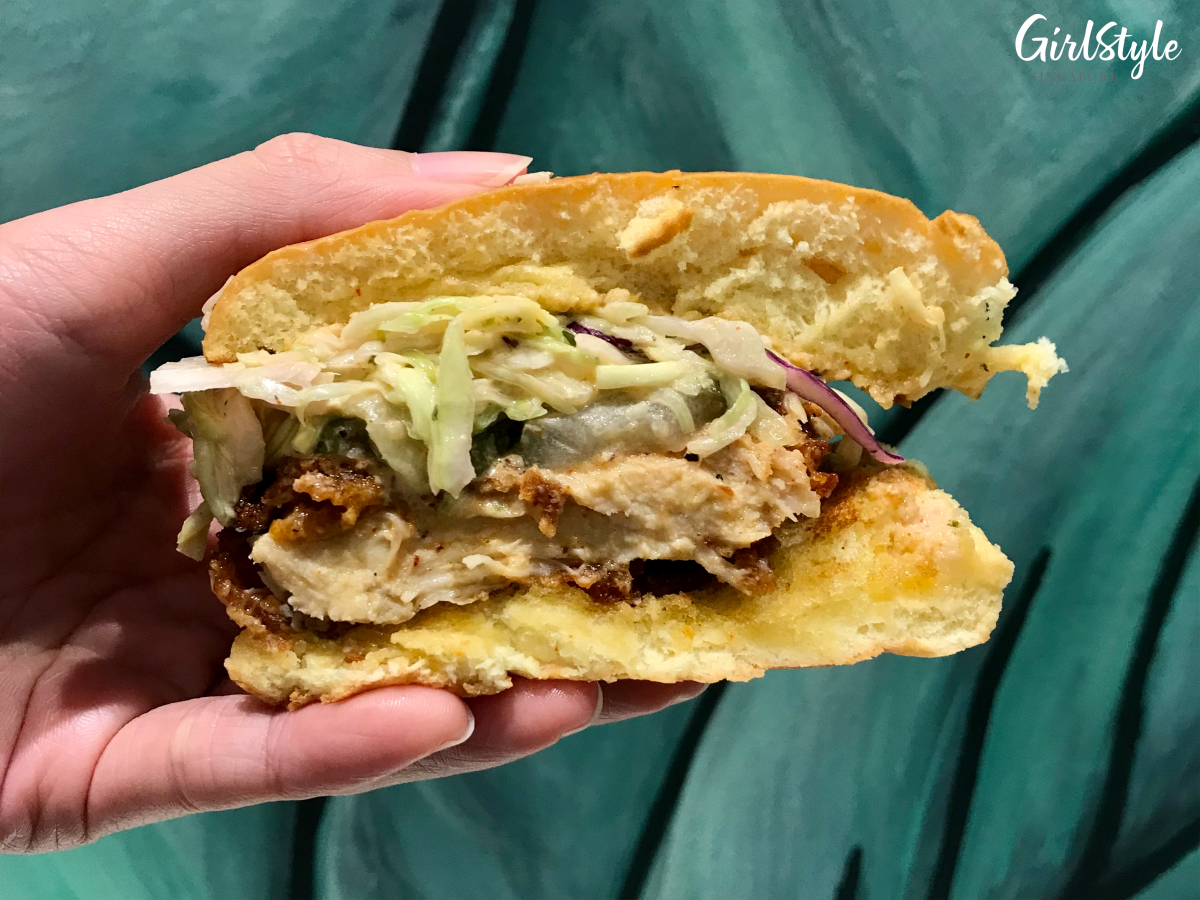 Cross section of Shake Shack Dark Meat Hot Chicken burger