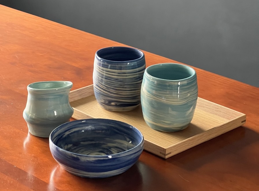 Our blue marble pieces after glazing and firing.