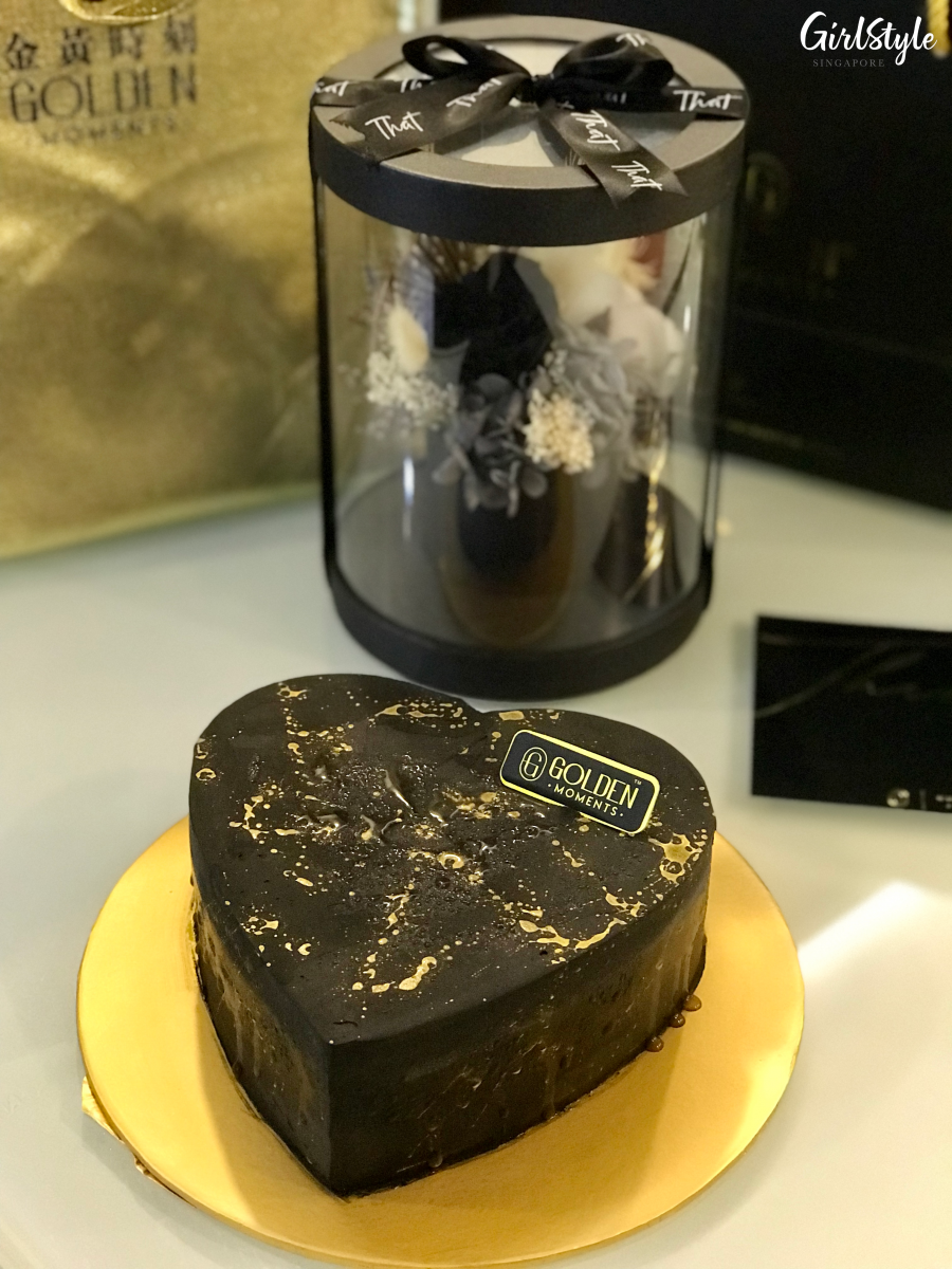 Golden Moments Mother's Day Blissful Bundle - Forever Love Mao Shan Wang chocolate fudge cake and preserved black rose box