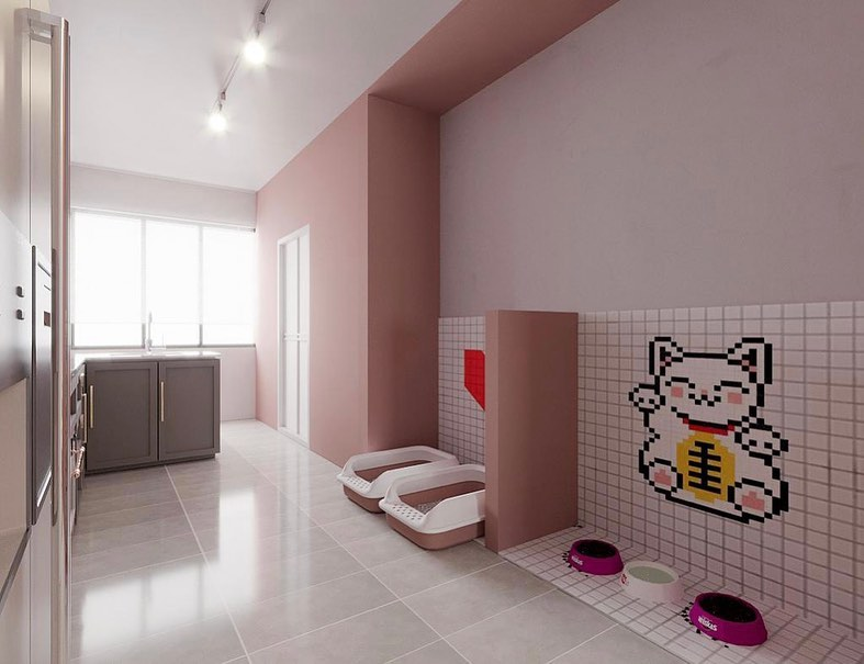 Pink HDB kitchen with cat corner Singapore