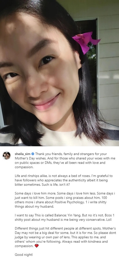 Sheila Sim calls out husband on Mother's Day