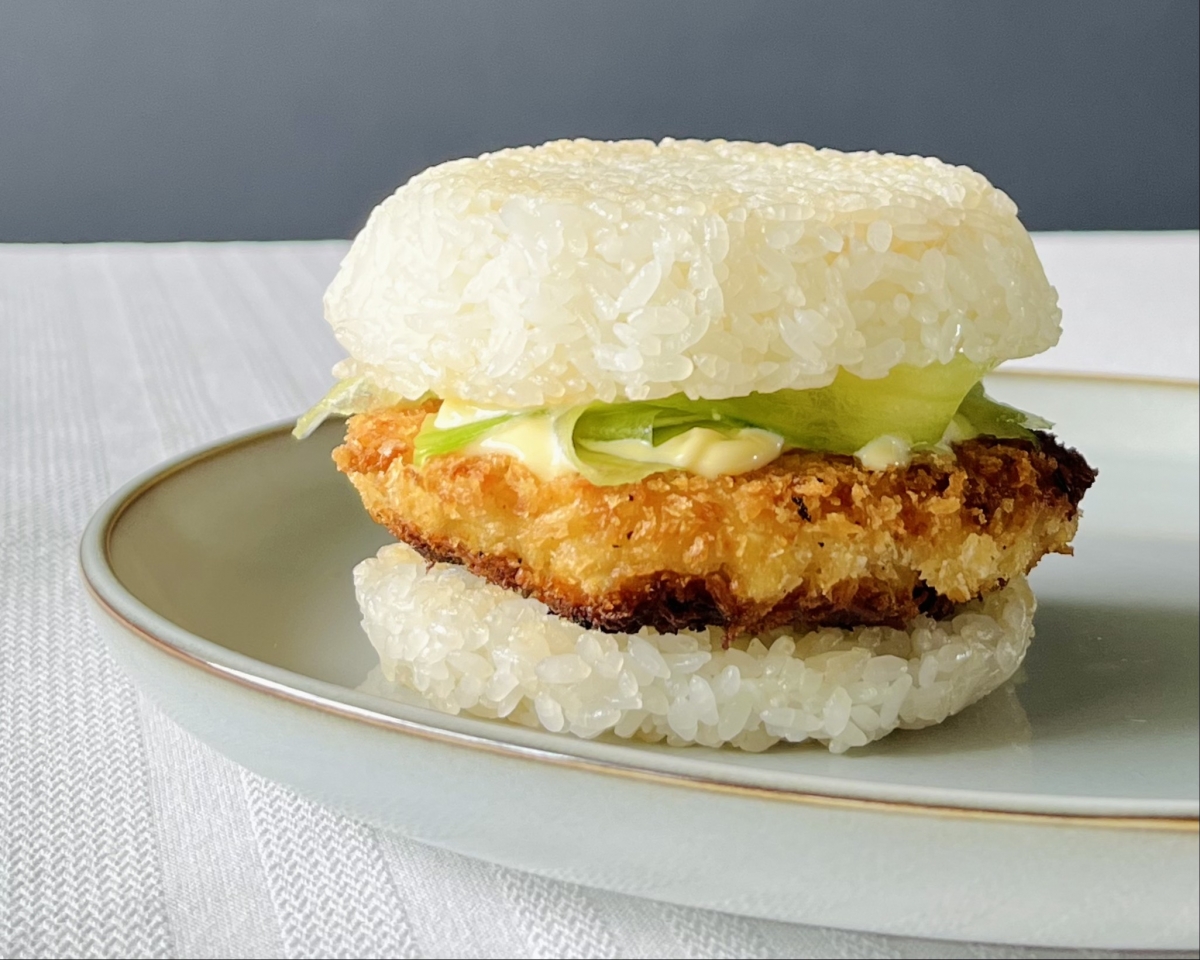 Ebi katsu rice burger made with Hokkaido Nanatsuboshi rice.