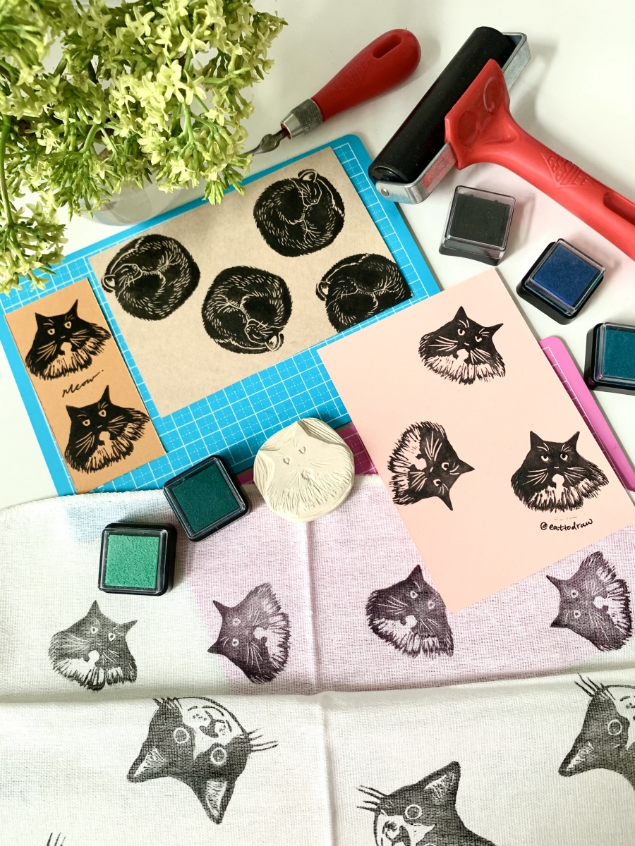 Eat to Draw cats blockprinting workshop