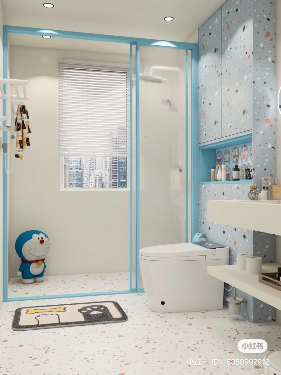 Doraemon-themed bathroom shower cubicle