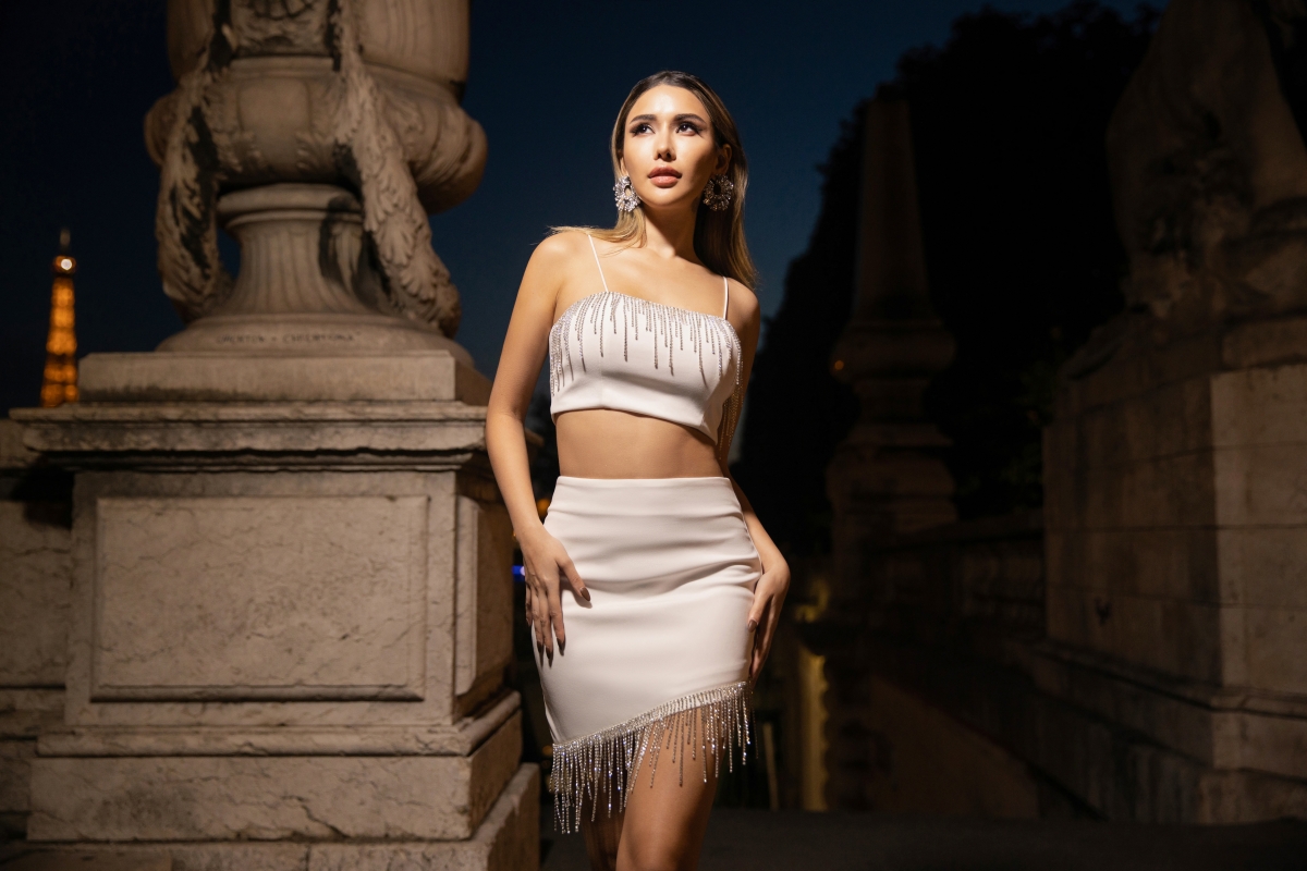 Rhinestone Fringe Trim Cami Top & Asymmetrical Hem Skirt