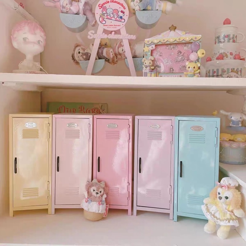 Mini locker storage stand in pastel pink, purple, blue and yellow