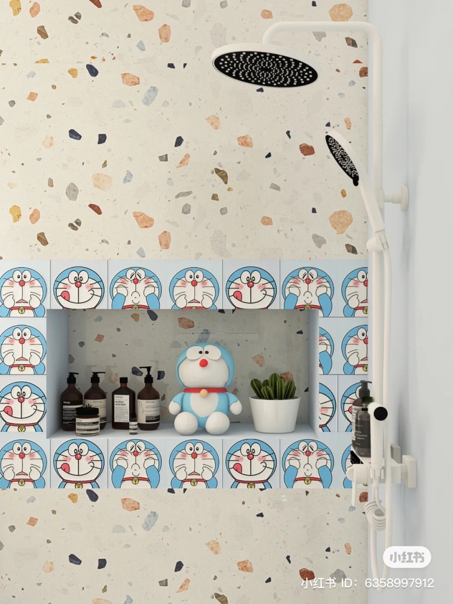 Doraemon-themed bathroom shelves in shower