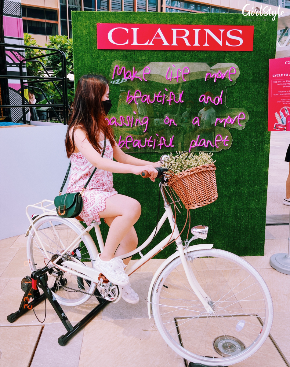 Clarins Garden stationary bike - Clarins In The City pop-up beauty trailer at Paya Lebar Quarter