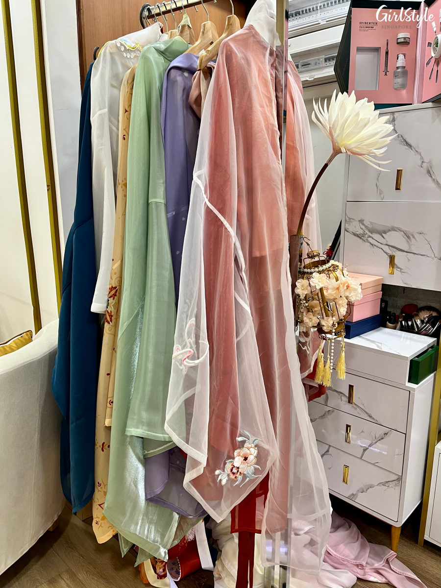 Rack of hanfu outfits, accessories and props at T&C Beauty House