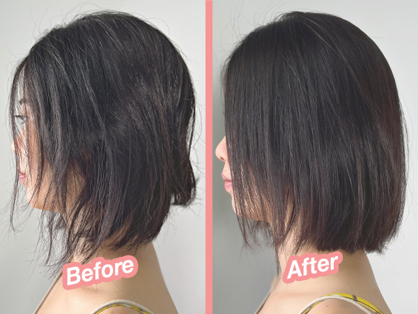 The before was a hot frizzy mess that made my colleague question whether I had just tumbled out of bed. But after the treatment and blow drying my hair using fingers only (no brushing or flat ironing), my hair is now smooth, shiny and well-behaved! 