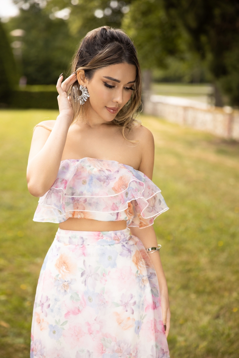 Floral Print Layered Tube Top & Ruffle Hem Skirt Set
