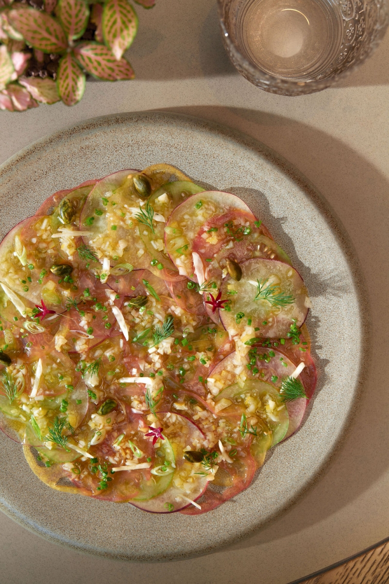Tomato and peach carpaccio