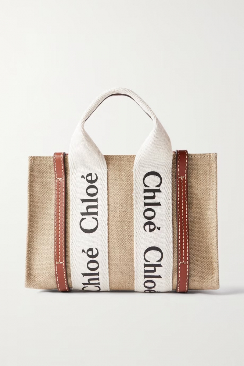 Chloé Woody Mini Leather-Trimmed Cotton-Canvas Tote