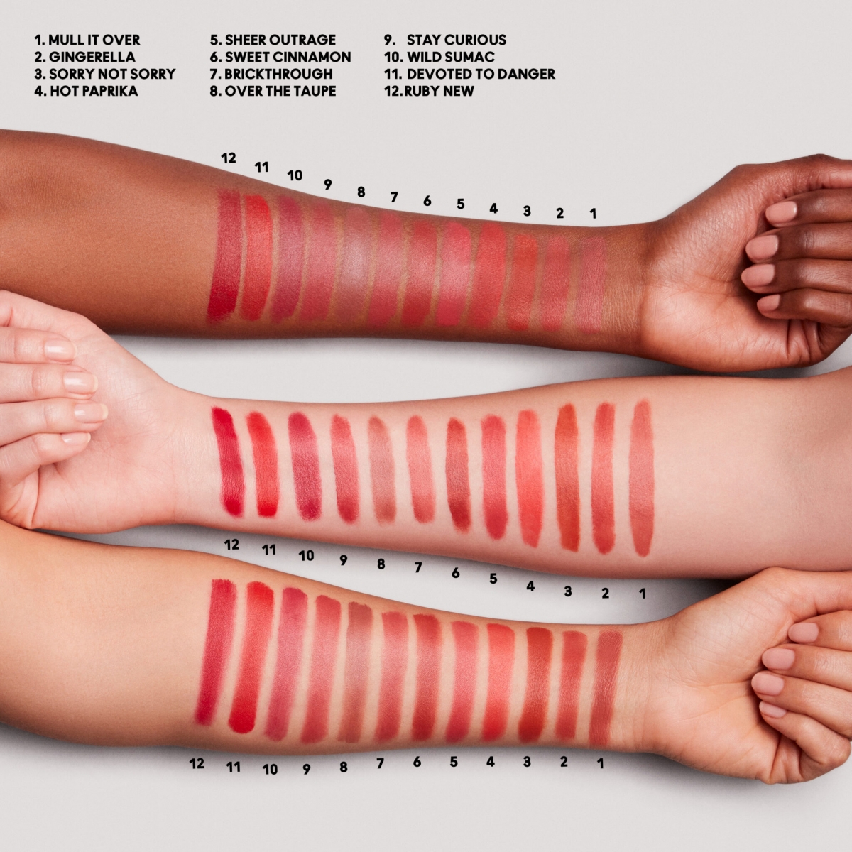 M·A·C Powder Kiss Velvet Blur Slim Stick arm swatches
