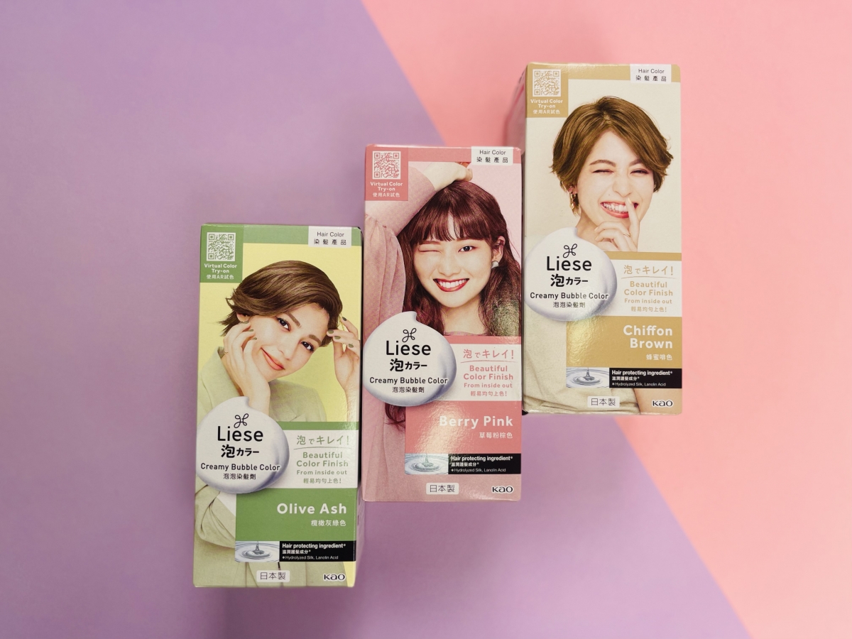 Liese Creamy Bubble Color is debuting three new shades this year: (from left) Olive Ash, Berry Pink & Chiffon Brown.