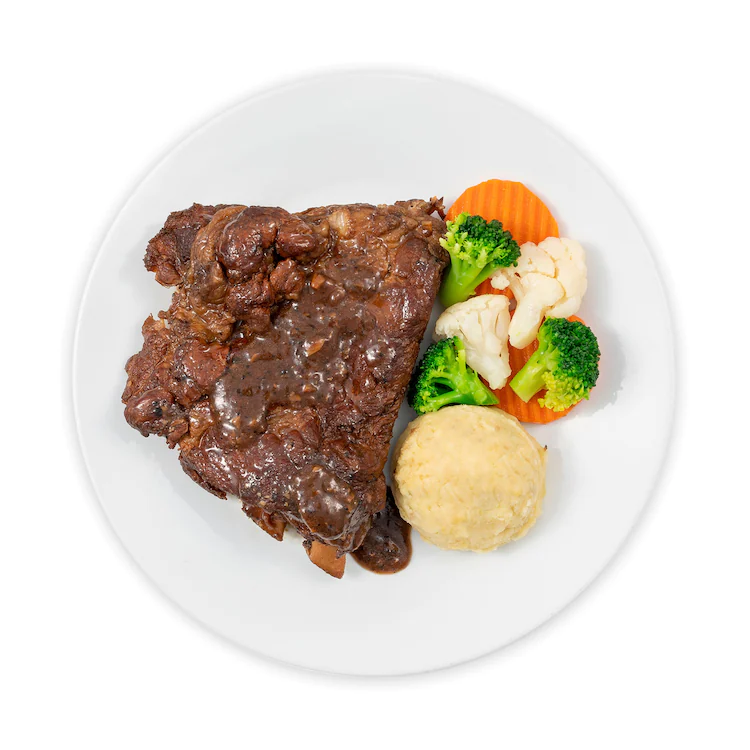 Smoked pork ribs with black pepper sauce and mixed vegetable