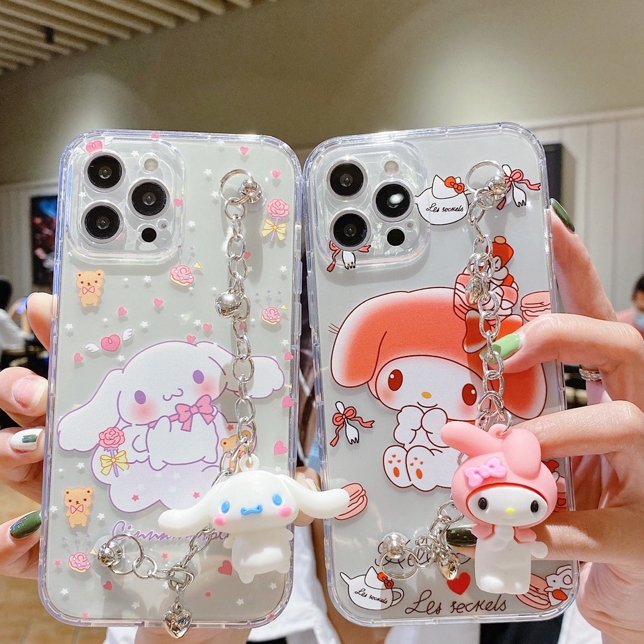 Cinnamoroll and My Melody iPhone case with chain bracelet and charm