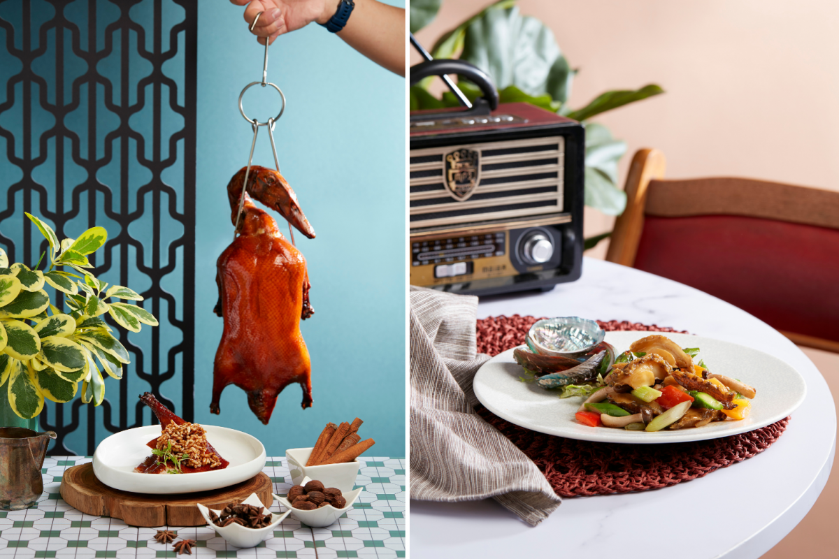 Roasted Duck with Crispy Rice in Chef’s Special Sauce 酱皇脆米鸡 ($21.80 regular portion) and Sautéed Fresh Abalone with Assorted Colourful Capsicum & Asparagus 翡翠彩椒炒鲜鲍鱼