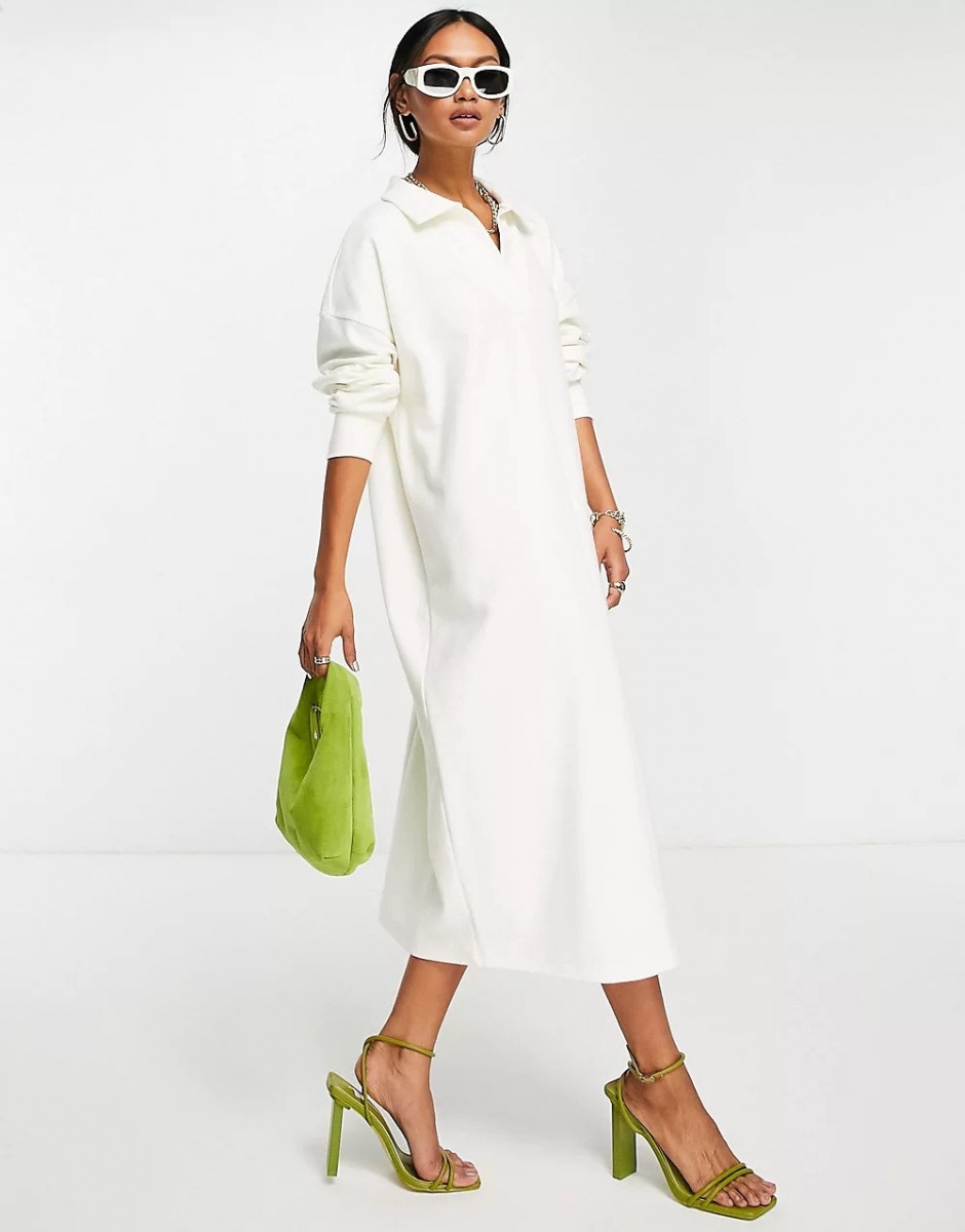 ASOS DESIGN supersoft long sleeve polo midi jumper dress in winter white