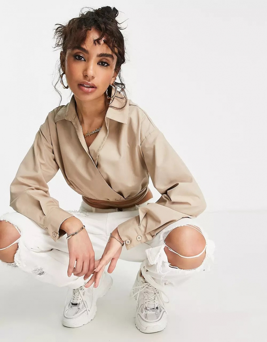 Missguided Petite Poplin Wrap Waist Crop Shirt