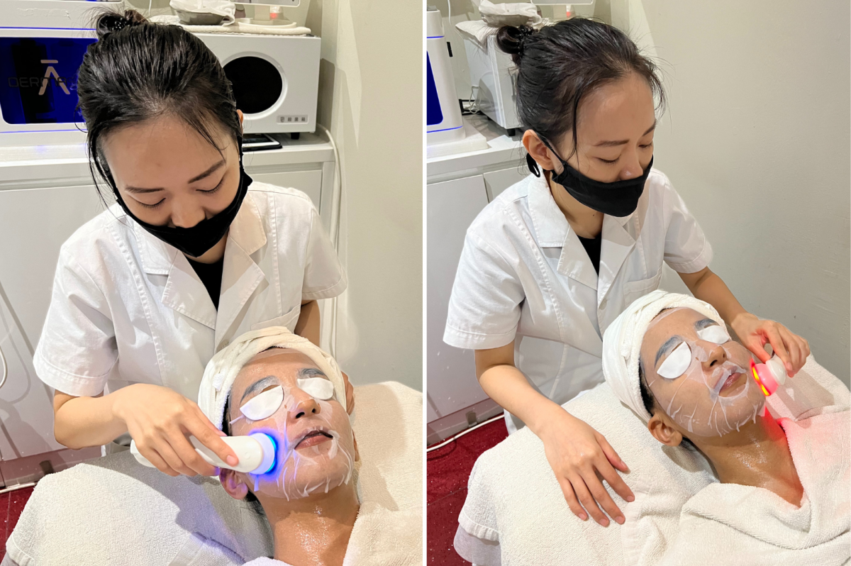 Blue LED is used to soothe acne-prone skin while red LED promotes collagen and elastin production to reduce the appearance of fine lines and wrinkles.