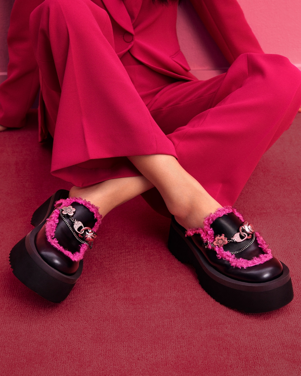 CHARLES & KEITH Pixar Collection Lotso Fur-Trim Embellished Platform Mules