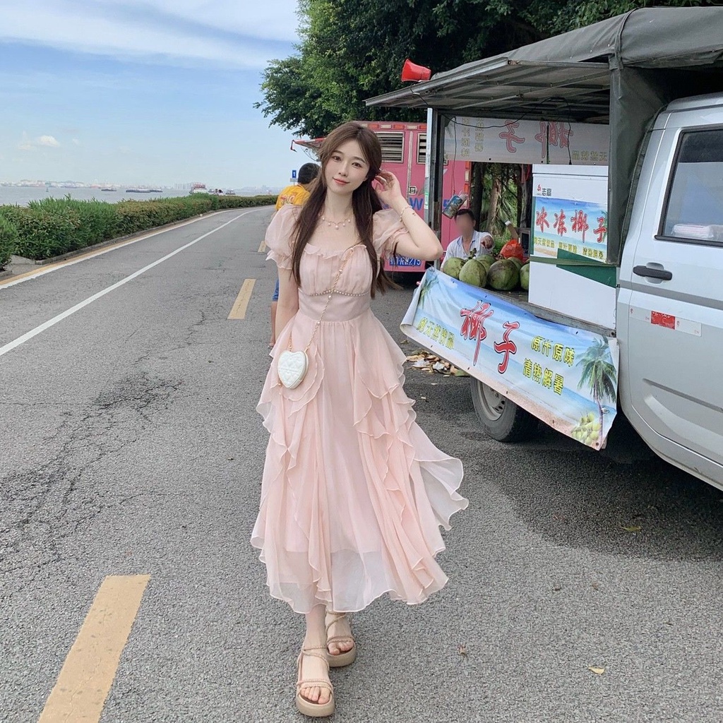 Peach Midi Dress with Square Neckline