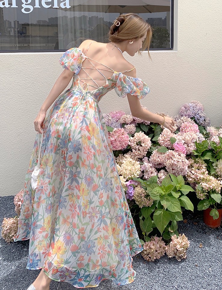 Off-shoulder Floral Dress with Tie String Back