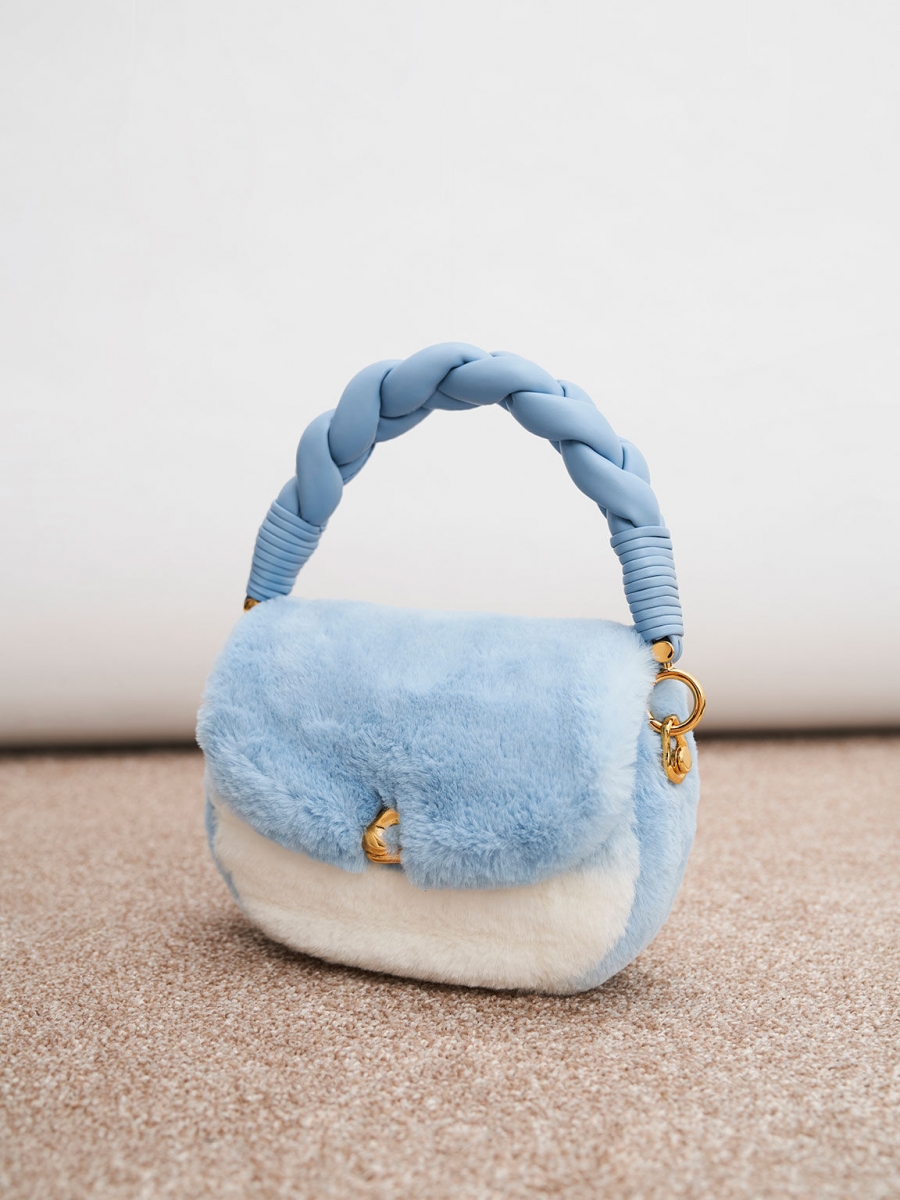 Moira Braided Handle Furry Bag - Light Blue