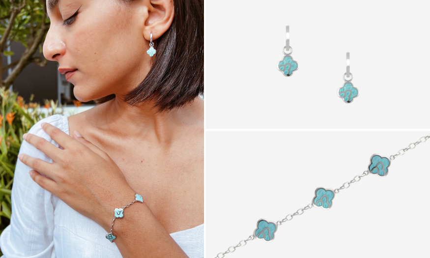 Anelise Earrings (Dangle) and Anelise 3 Charms Bracelet with Turquoise Enamel