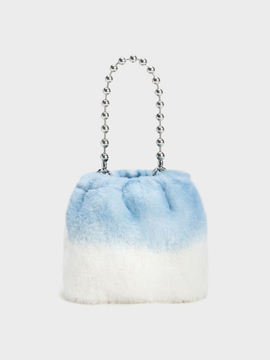 Aldora Beaded Handle Furry Bucket Bag - Light Blue