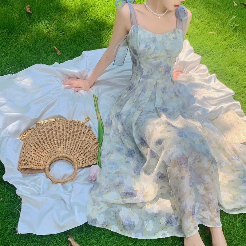 Blue Floral Dress with Ribbon Straps