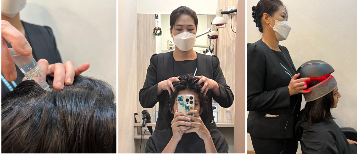 An anti hair fall ampoule is applied to my scalp, followed by a relaxing scalp massage. To cap things off, a hair growth laser treatment is carried out to stimulate my scalp and hair follicles.