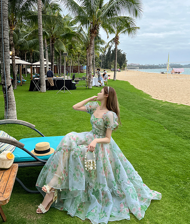 Blue Floral Maxi Dress with Puffed Sleeves