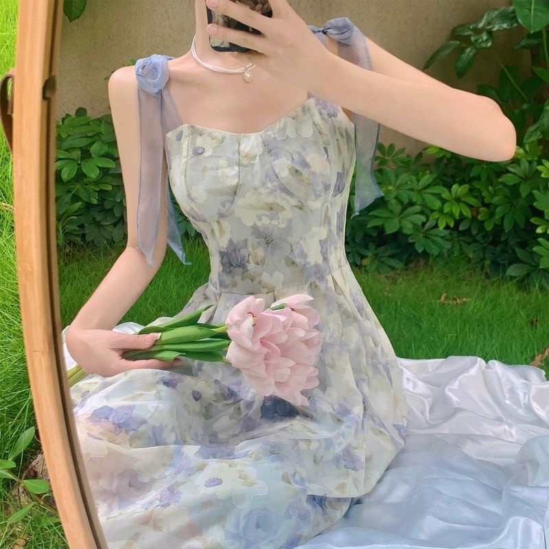 Blue Floral Dress with Ribbon Straps