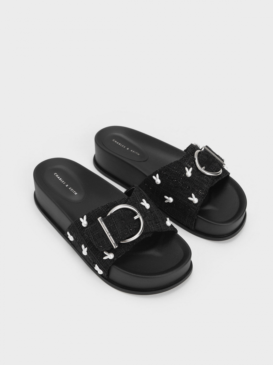 Charles & Keith Bunny Tweed Buckled Slides