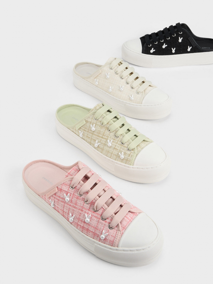 Charles & Keith Bunny Tweed Slip-On Sneakers