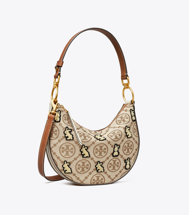 Tory Burch Lucky Rabbit Mini T Monogram Embroidered Rabbit Crescent Bag in Singapore