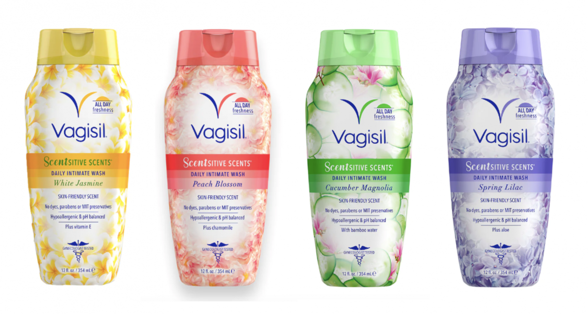 Vagisil® Scentsitive Scents Daily Intimate Wash in four scents: White Jasmine, Peach Blossom, Cucumber Magnolia, and Spring Lilac.